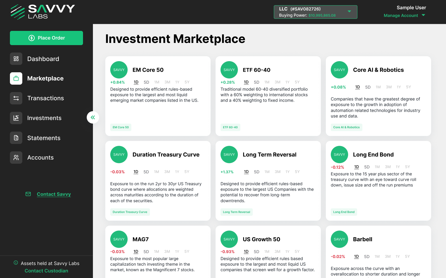 Marketplace interface showing available strategies